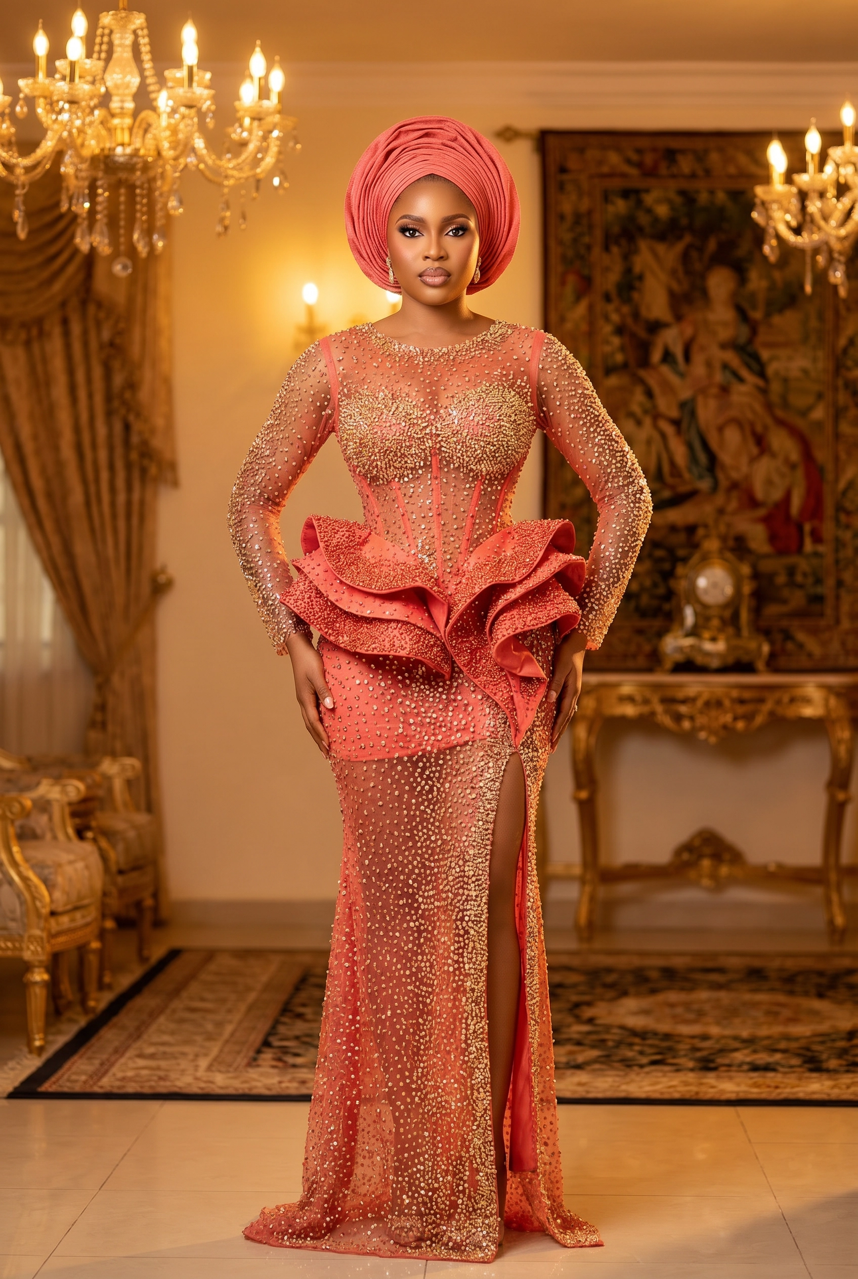 Coral beaded sheer gown with ruffled peplum and gold gele