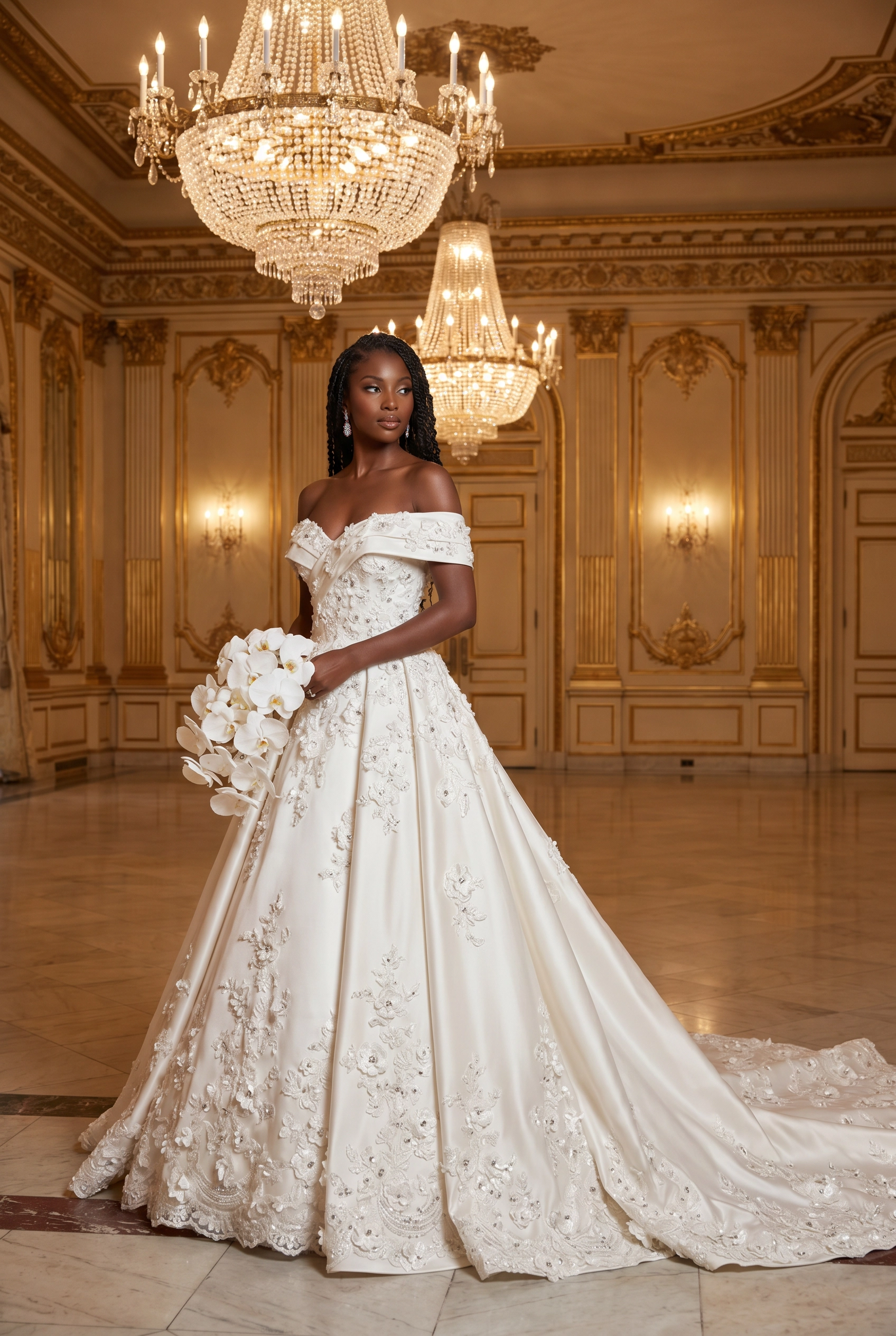 Ivory off-shoulder bridal ball gown with floral embroidery and cathedral train