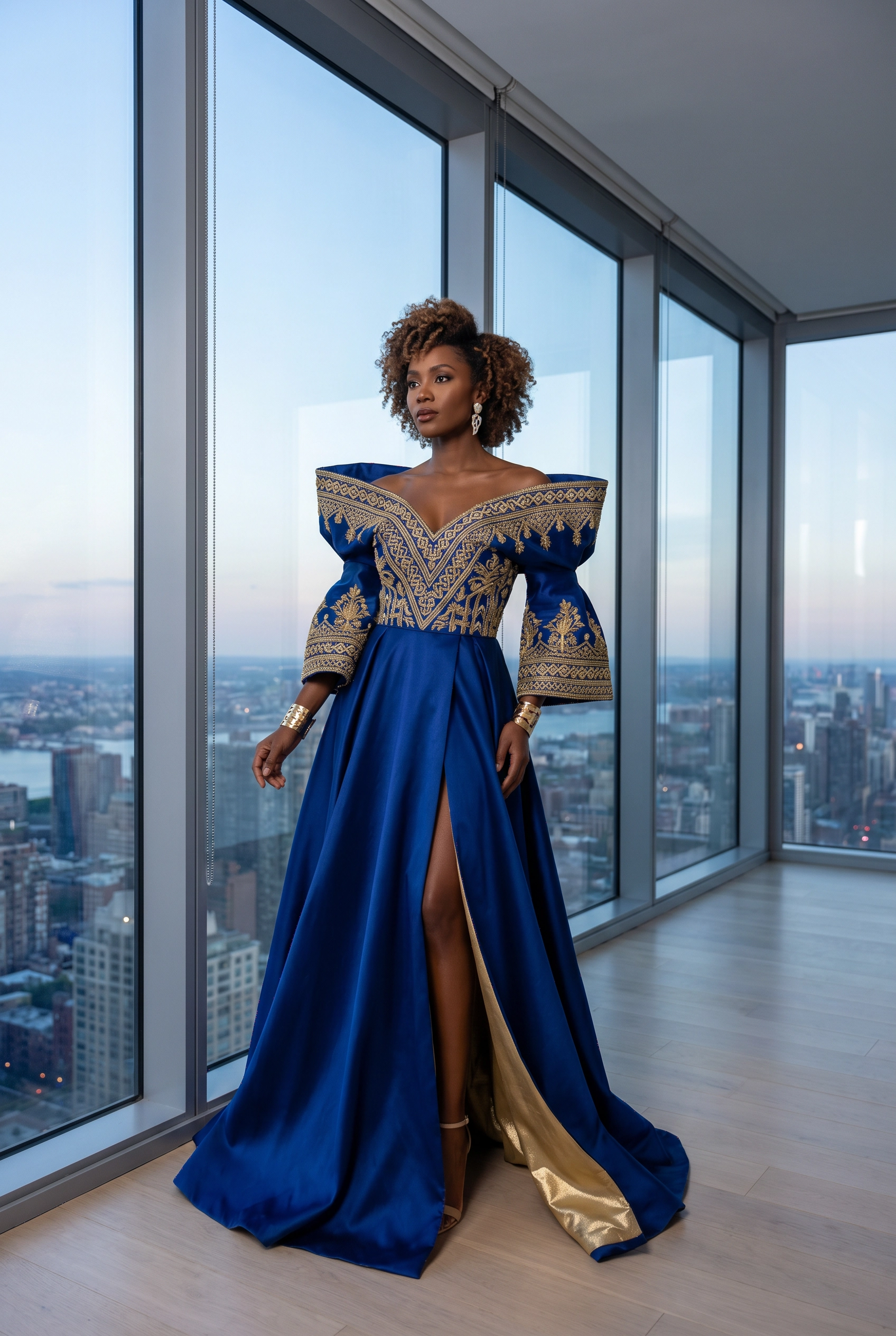 Royal blue off-shoulder gown with gold embroidery and dramatic skirt