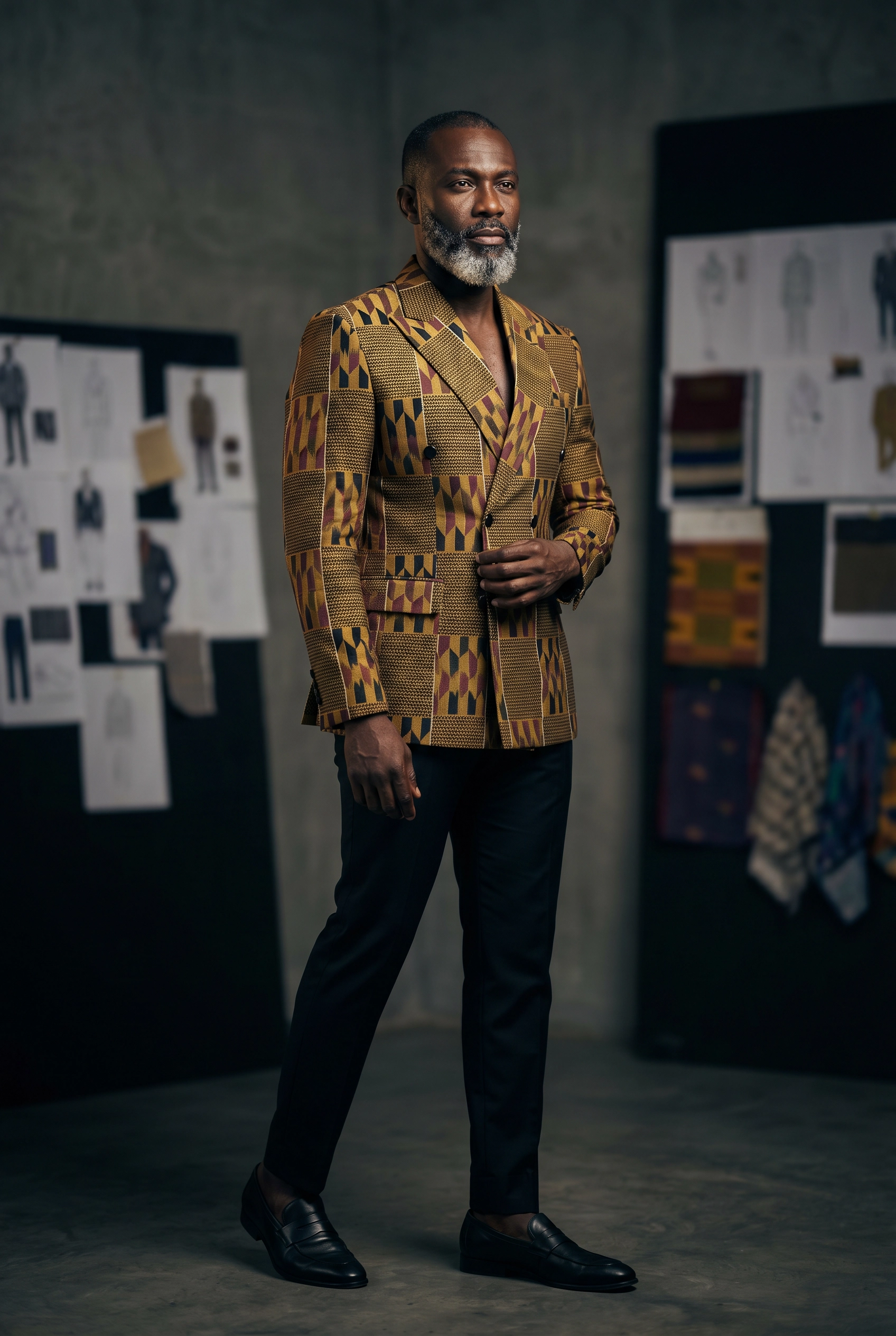 Kente double-breasted blazer in Kwame's Accra atelier — surrounded by fabric swatches and sketches