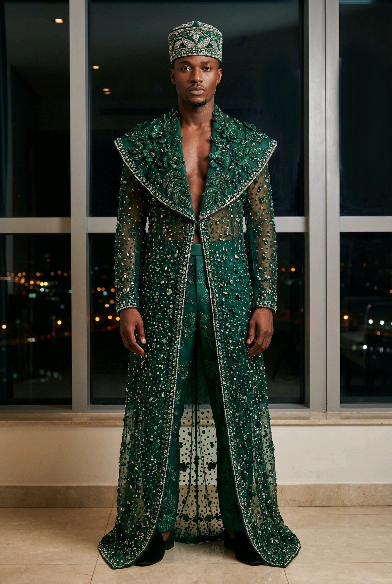 Emerald Beaded Lace Coat — sheer emerald lace with crystal embellishment