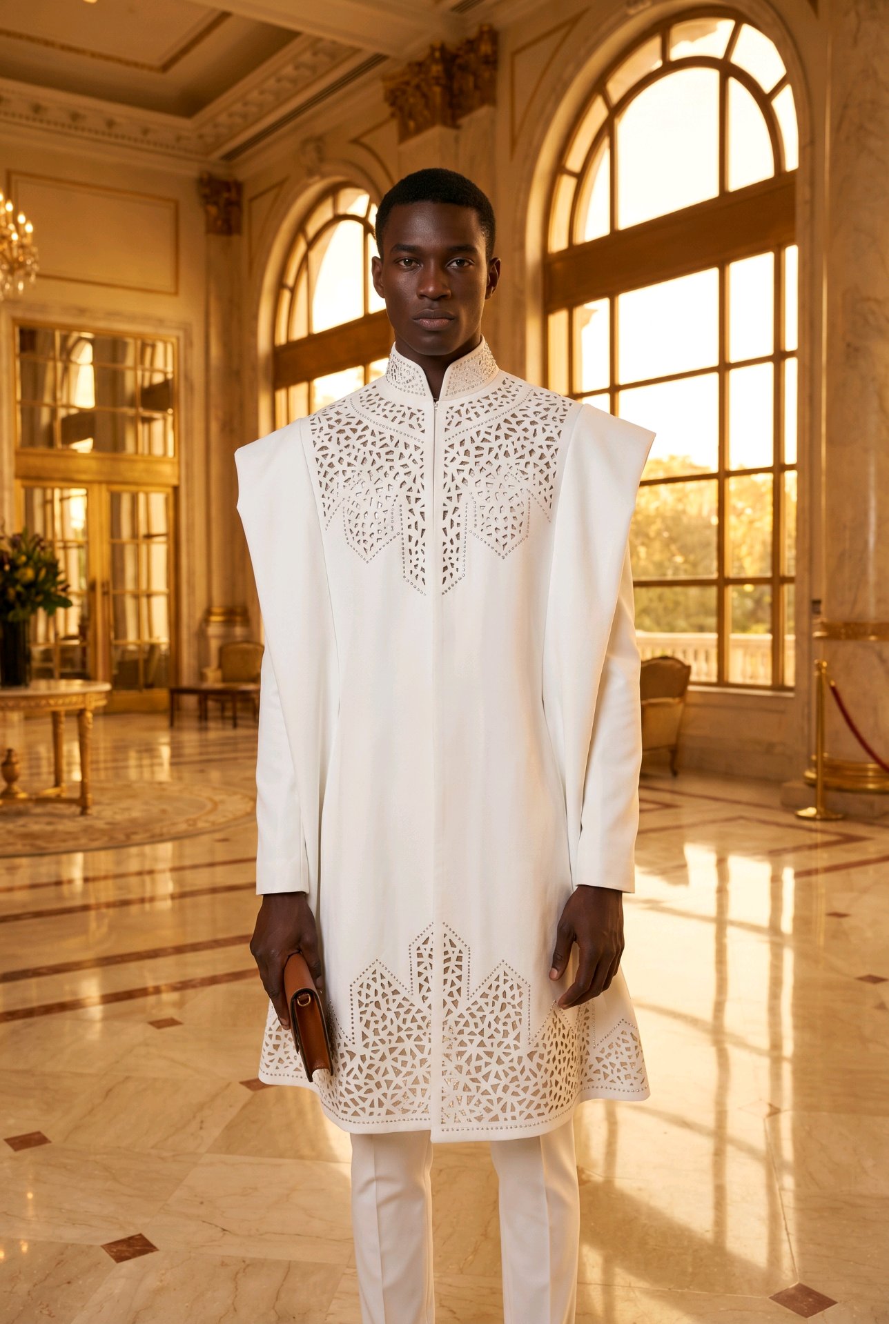 White Laser-Cut Agbada — ivory agbada with geometric laser-cut pattern
